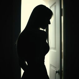 A woman silhouetted against an open door, her straight hair cascading down her back as she leans in to peek behind the door