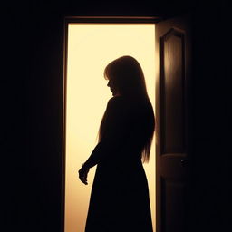 A woman silhouetted against an open door, her straight hair cascading down her back as she leans in to peek behind the door