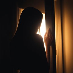 A woman silhouetted against an open door, her straight hair cascading down her back as she leans in to peek behind the door