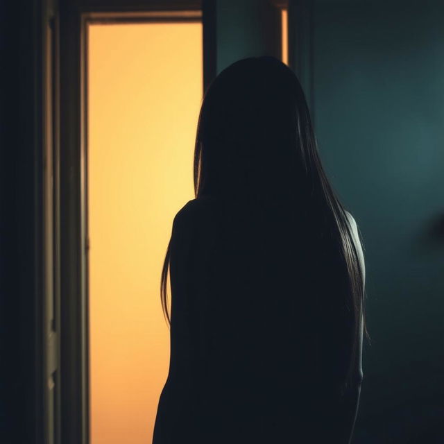 A woman silhouetted against an open door, her straight hair cascading down her back as she leans in to peek behind the door