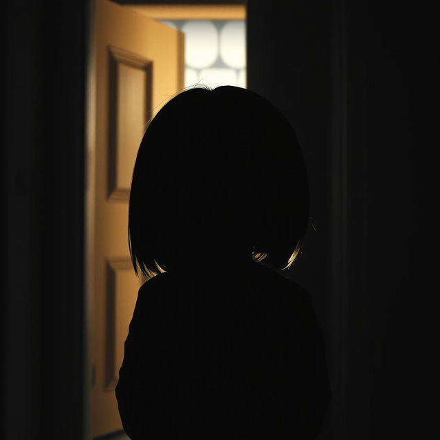 A silhouette of a child with straight hair viewed from behind as they try to peek through an open door