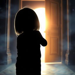 A silhouette of a child with straight hair viewed from behind as they try to peek through an open door