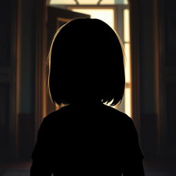 A silhouette of a child with straight hair viewed from behind as they try to peek through an open door