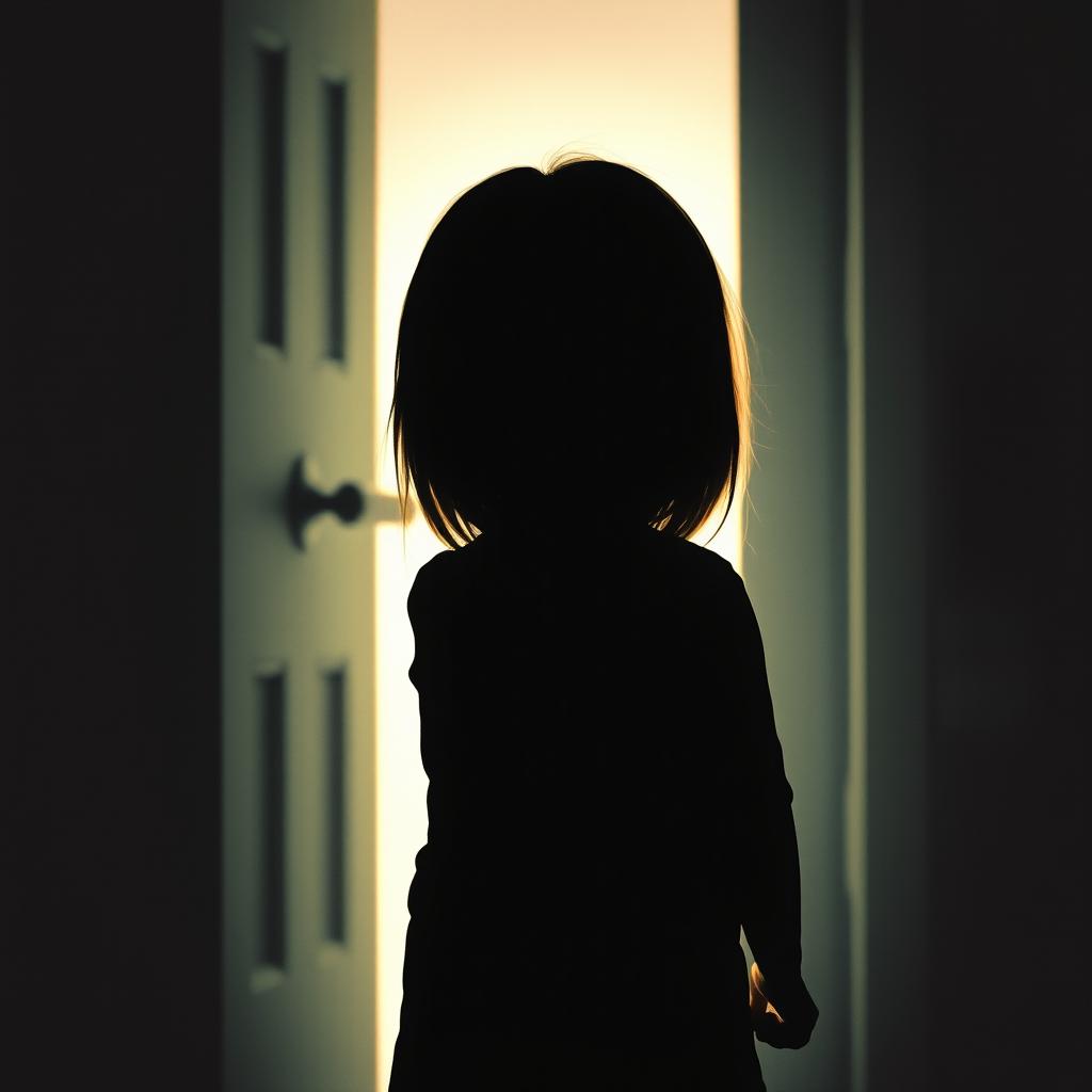 A silhouette of a child with straight hair viewed from behind as they try to peek through an open door