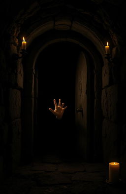 A mysterious stone crypt in a dimly lit, dark room