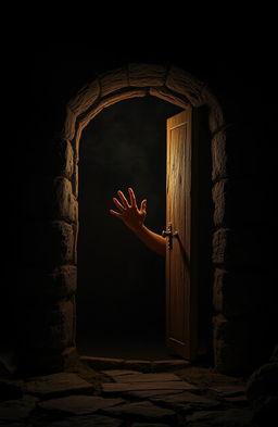 A mysterious stone crypt in a dimly lit, dark room