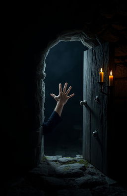 A mysterious stone crypt in a dimly lit, dark room