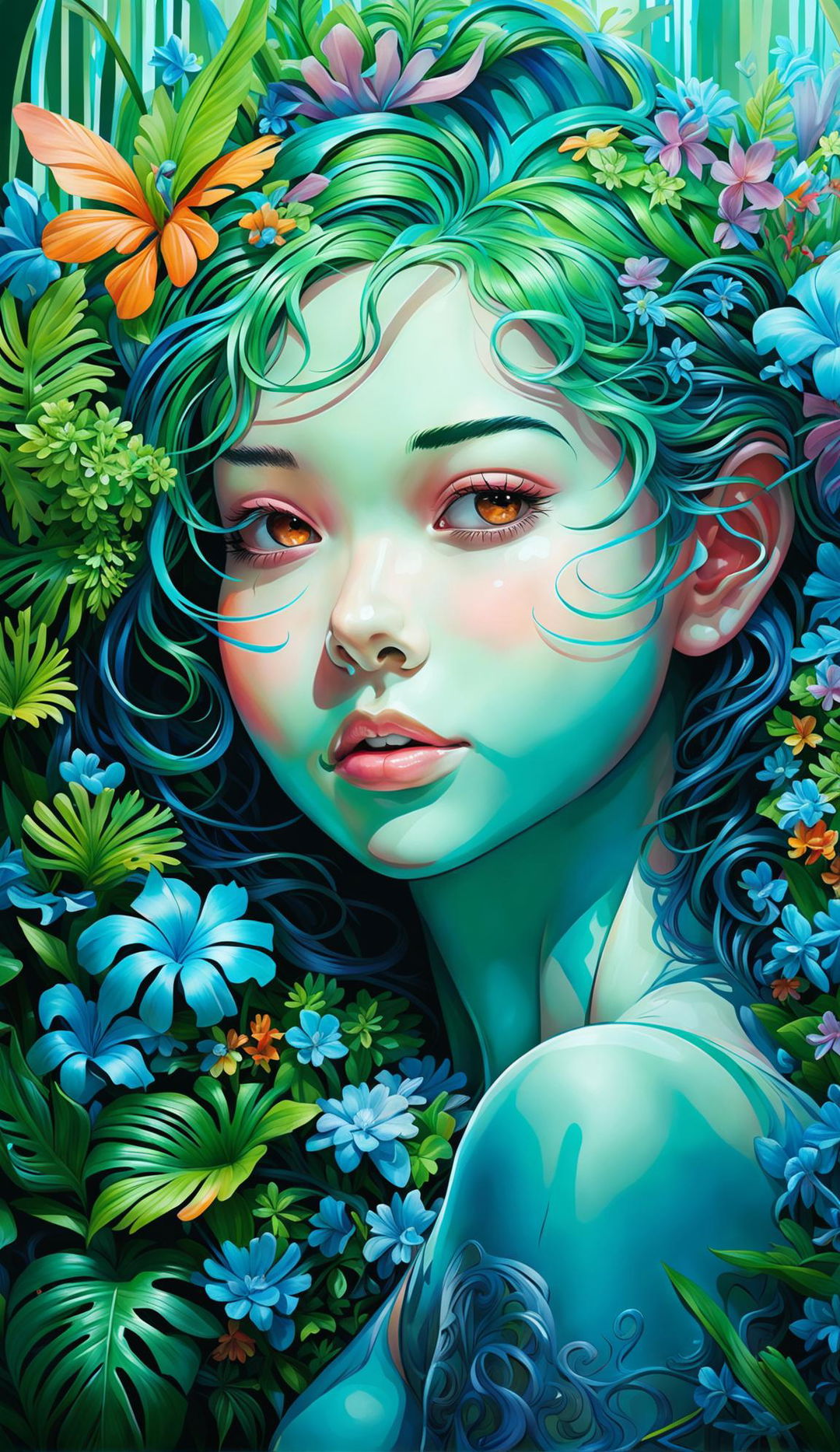 Bio-organic 17-year-old girl with cyan skin and blossoming flowers on her skin