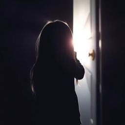A silhouette of a child with long straight hair viewed from behind, actively trying to peek through an open door