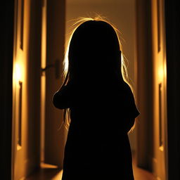 A silhouette of a child with long straight hair viewed from behind, actively trying to peek through an open door