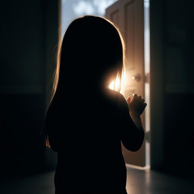 A silhouette of a child with long straight hair viewed from behind, actively trying to peek through an open door