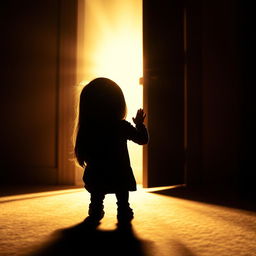 A silhouette of a child with long straight hair viewed from behind, actively trying to peek through an open door
