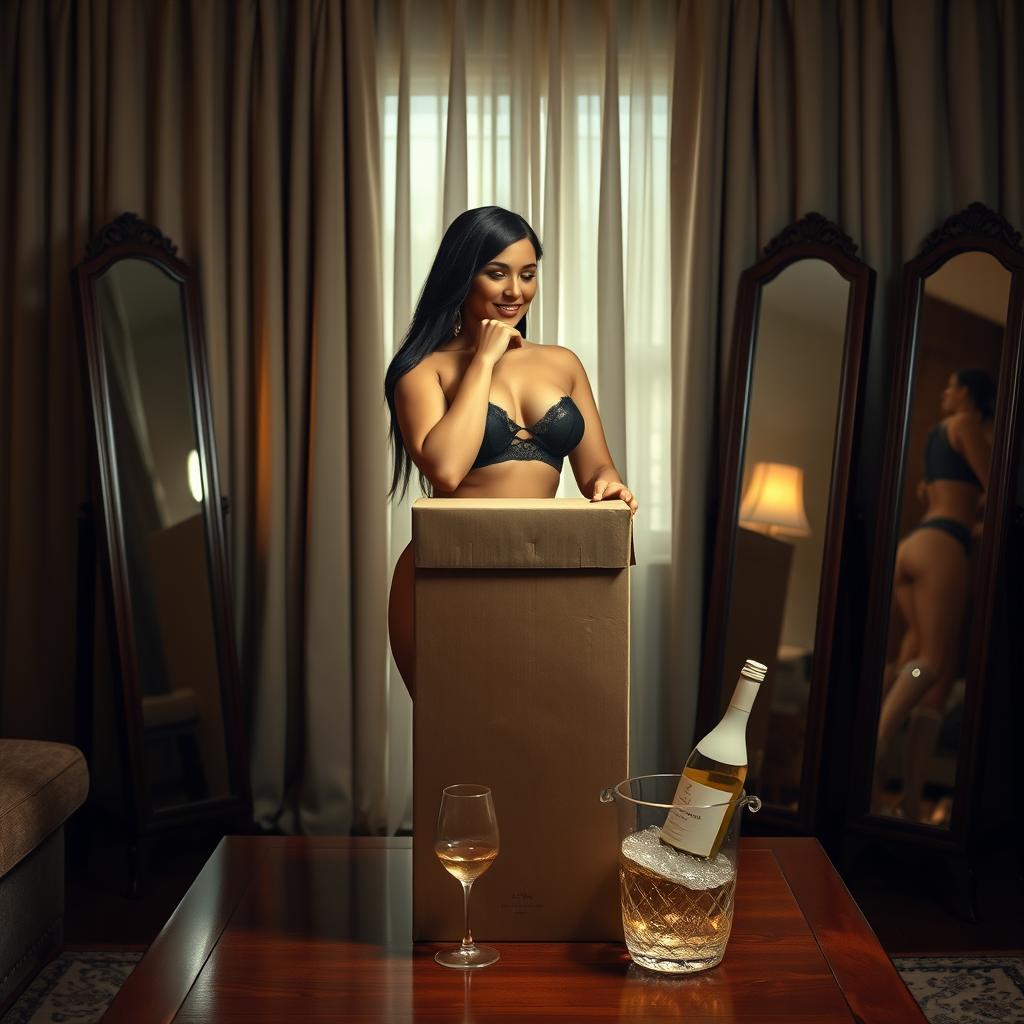 A tall, slim, curvy woman with large breasts and long black hair stands in a cozy, lamp-lit living room with closed curtains, creating an intimate atmosphere