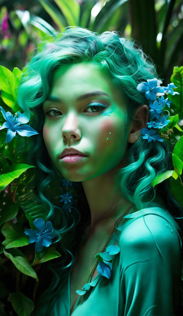 Bio-organic 17-year-old girl with cyan skin and blossoming flowers on her skin, shot with a Nikon Z5: NIKKOR Z 24-70mm f/4 S lens at an aperture setting of f/5