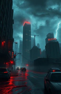 A dark and eerie urban landscape known as the City of Blood, where the streets are slick with a crimson liquid resembling blood