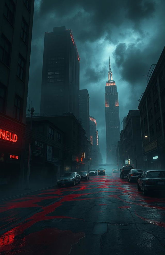 A dark and eerie urban landscape known as the City of Blood, where the streets are slick with a crimson liquid resembling blood