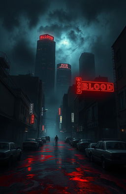 A dark and eerie urban landscape known as the City of Blood, where the streets are slick with a crimson liquid resembling blood
