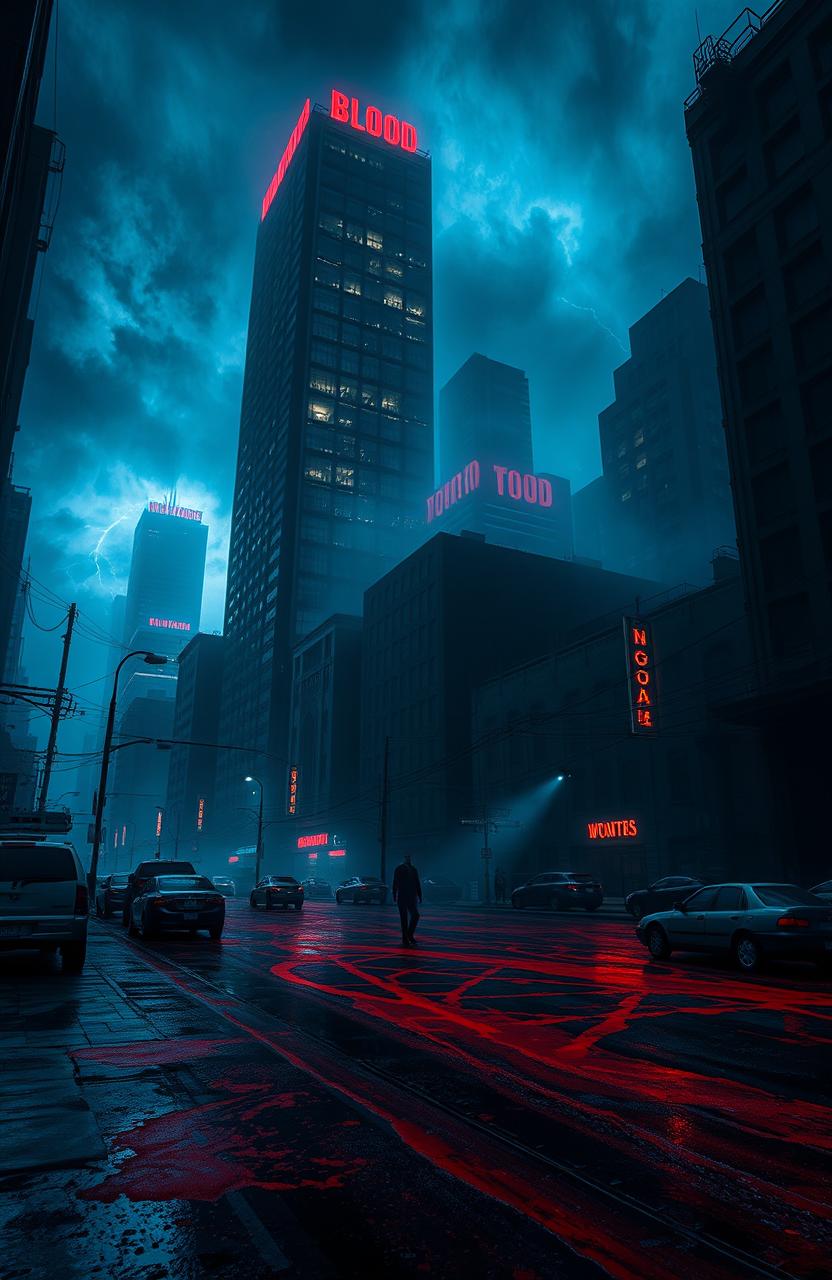 A dark and eerie urban landscape known as the City of Blood, where the streets are slick with a crimson liquid resembling blood