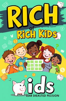 A captivating book cover for 'Rich Kids', aimed at teaching children about financial planning