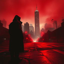 A haunting cityscape drenched in vivid red tones, creating an atmosphere of horror and foreboding