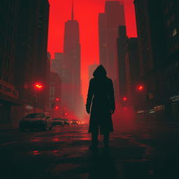 A haunting cityscape drenched in vivid red tones, creating an atmosphere of horror and foreboding