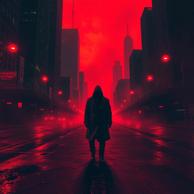 A haunting cityscape drenched in vivid red tones, creating an atmosphere of horror and foreboding