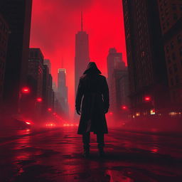 A haunting cityscape drenched in vivid red tones, creating an atmosphere of horror and foreboding