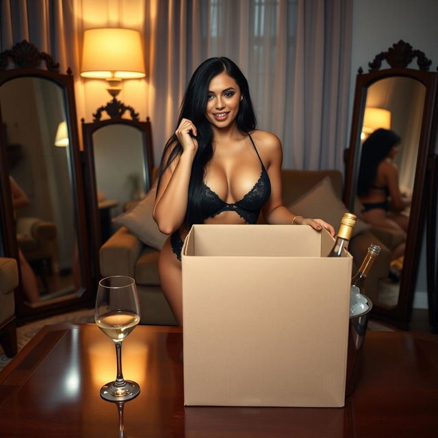 A tall, slim, curvy woman with large breasts and long black hair is posed in a cozy, lamp-lit living room with closed curtains, creating a snug and intimate environment