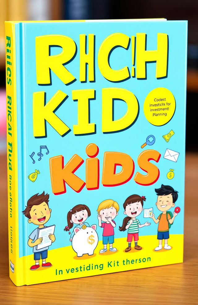 A vibrant book cover designed for children titled 'Rich Kids', featuring playful illustrations that depict various aspects of financial planning