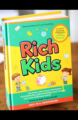 A vibrant book cover designed for children titled 'Rich Kids', featuring playful illustrations that depict various aspects of financial planning