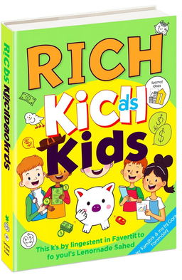 A vibrant book cover designed for children titled 'Rich Kids', featuring playful illustrations that depict various aspects of financial planning