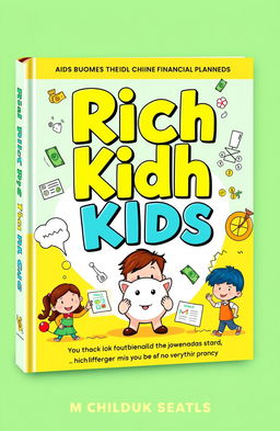 A vibrant book cover designed for children titled 'Rich Kids', featuring playful illustrations that depict various aspects of financial planning