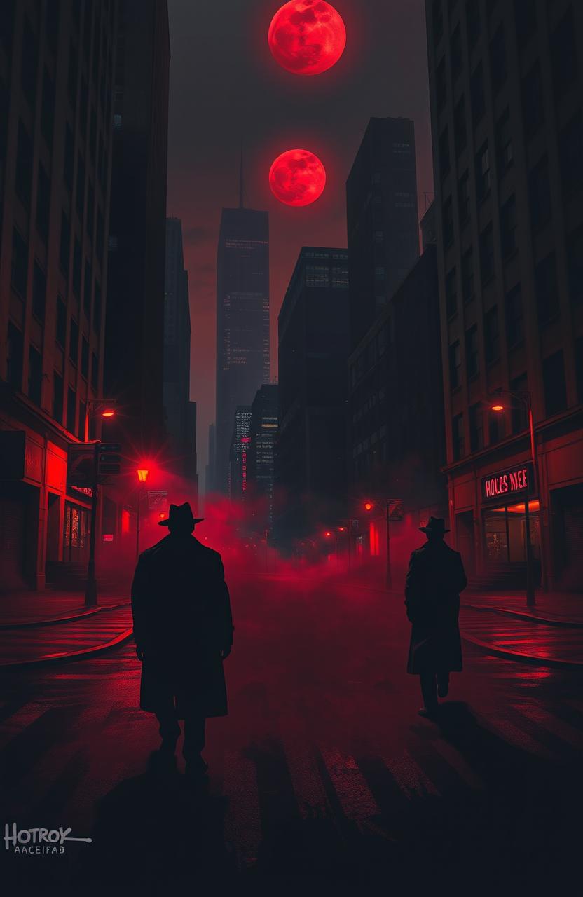 A hauntingly atmospheric cityscape at night, drenched in deep reds and shadows, embodying a horror noir aesthetic