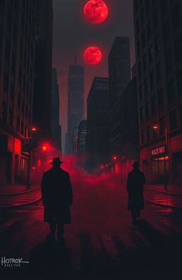 A hauntingly atmospheric cityscape at night, drenched in deep reds and shadows, embodying a horror noir aesthetic