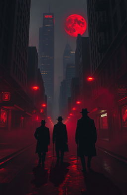 A hauntingly atmospheric cityscape at night, drenched in deep reds and shadows, embodying a horror noir aesthetic