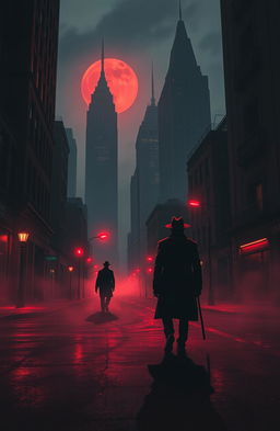A hauntingly atmospheric cityscape at night, drenched in deep reds and shadows, embodying a horror noir aesthetic