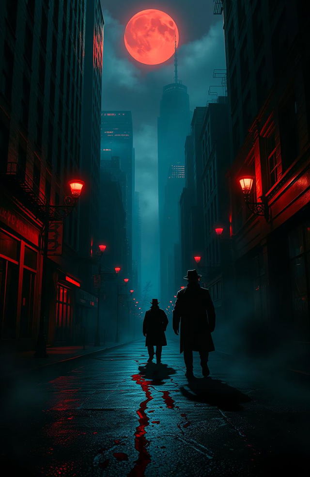 A hauntingly atmospheric cityscape at night, drenched in deep reds and shadows, embodying a horror noir aesthetic