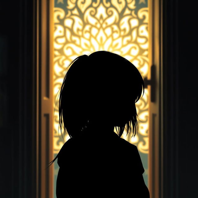 A silhouette of a child with long straight hair seen from behind, curiously trying to peek through an open door