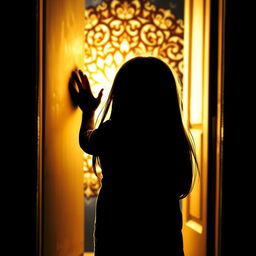 A silhouette of a child with long straight hair seen from behind, curiously trying to peek through an open door