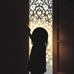 A silhouette of a child with long straight hair seen from behind, curiously trying to peek through an open door