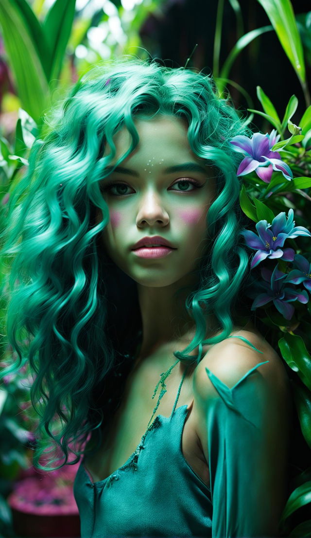 Bio-organic 17-year-old girl with rich cyan skin and small, richly colored flowers blossoming from her skin, shot with a Nikon Z5: NIKKOR Z f/4 S lens at an aperture setting and focal length of 70mm