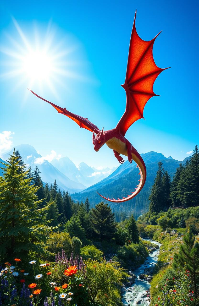 A majestic red dragon soaring through a bright blue sky, its scales glimmering in the sun