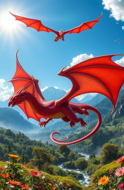 A majestic red dragon soaring through a bright blue sky, its scales glimmering in the sun