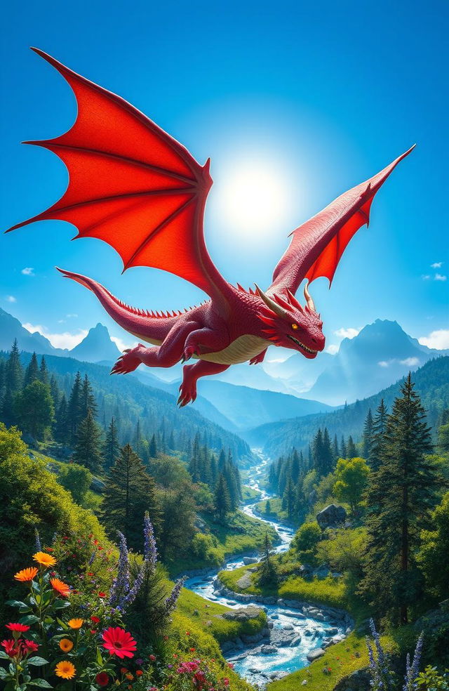 A majestic red dragon soaring through a bright blue sky, its scales glimmering in the sun