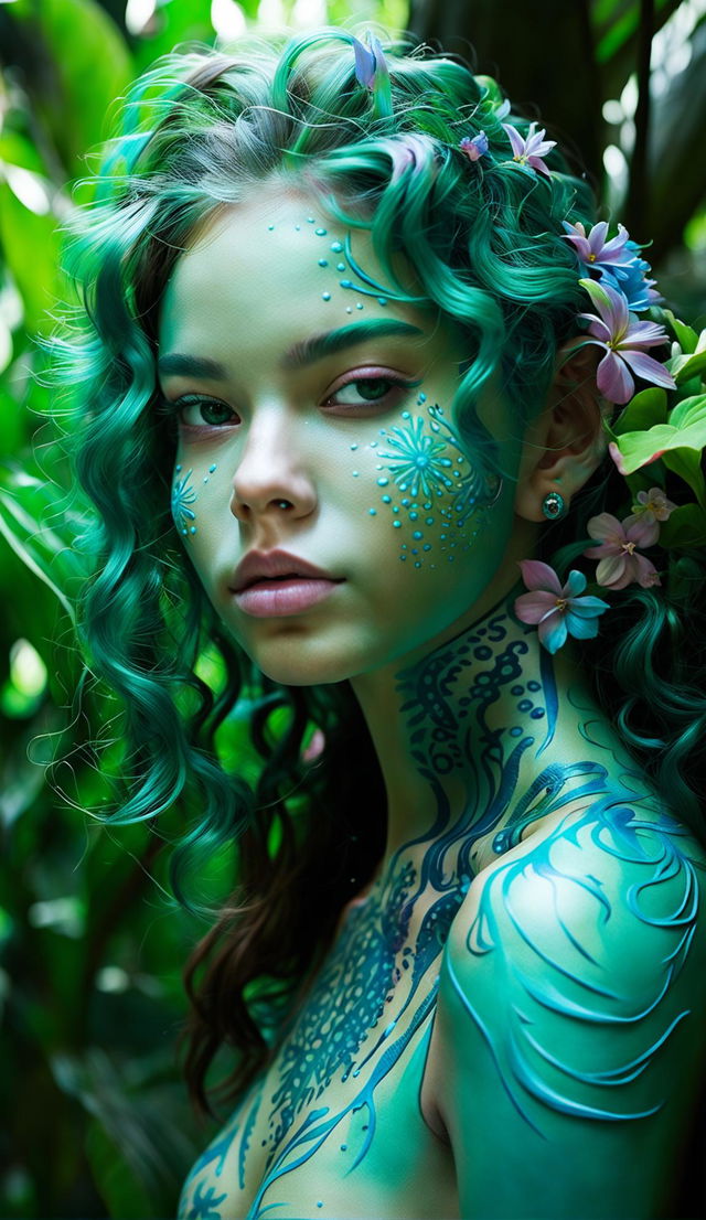 Bio-organic 17-year-old girl with rich cyan skin patterned with nature-inspired details and small, richly colored flowers blossoming from vein-like vines on her skin, shot with a Nikon Z5: NIKKOR Z f/4 S lens at an aperture setting and focal length of 70mm