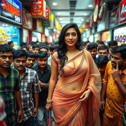 A vibrant scene set in a bustling cheap Indian mall filled with a dense crowd of male shoppers