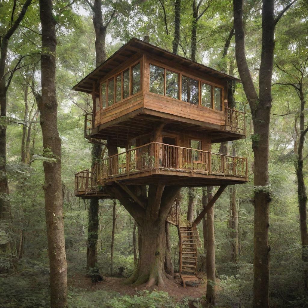 An ecological and elegant treehouse nestled in a giant tree within a magical forest