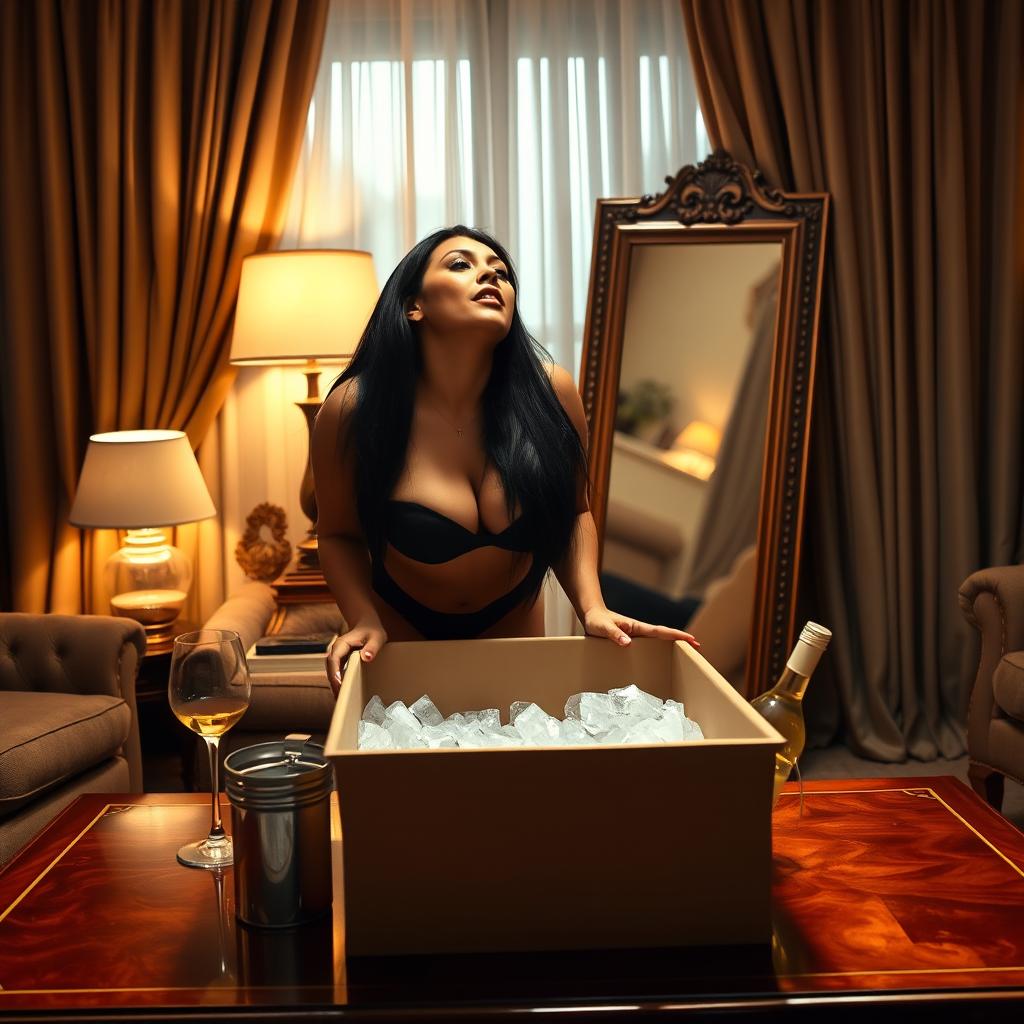 A tall, slim, curvy Italian woman with large breasts and long black hair is depicted in a cozy, lamp-lit living room with curtains drawn, creating an intimate atmosphere