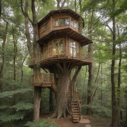 An ecological and elegant treehouse nestled in a giant tree within a magical forest