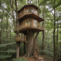 An ecological and elegant treehouse nestled in a giant tree within a magical forest